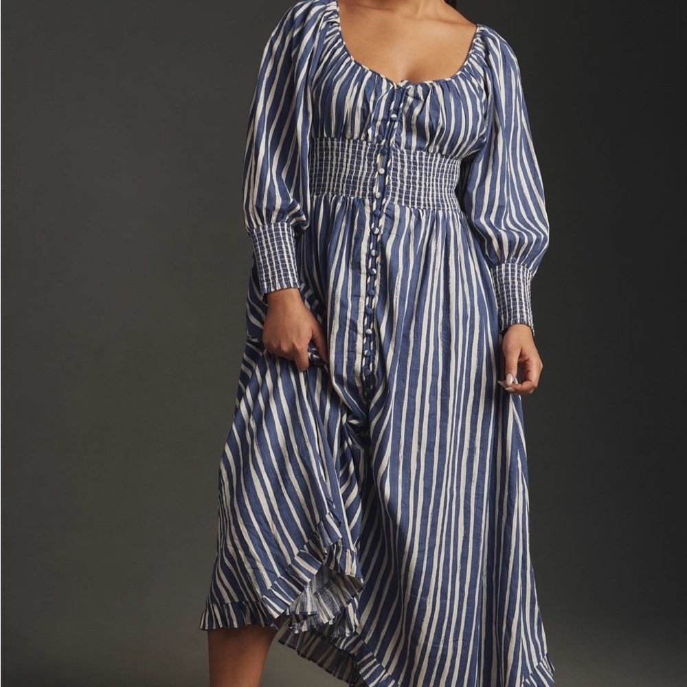 By Anthropologie Blue and White Striped Smocked Waist Sweetheart dress